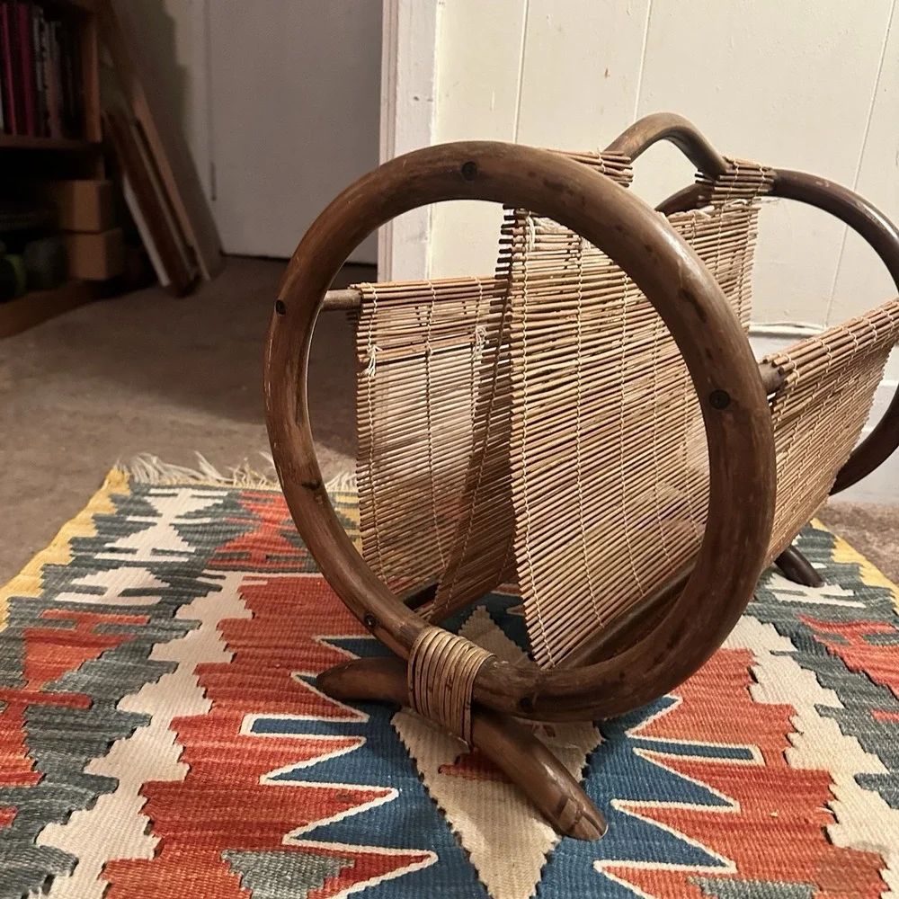 Vintage Bentwood & Slatted Bamboo Magazine Rack